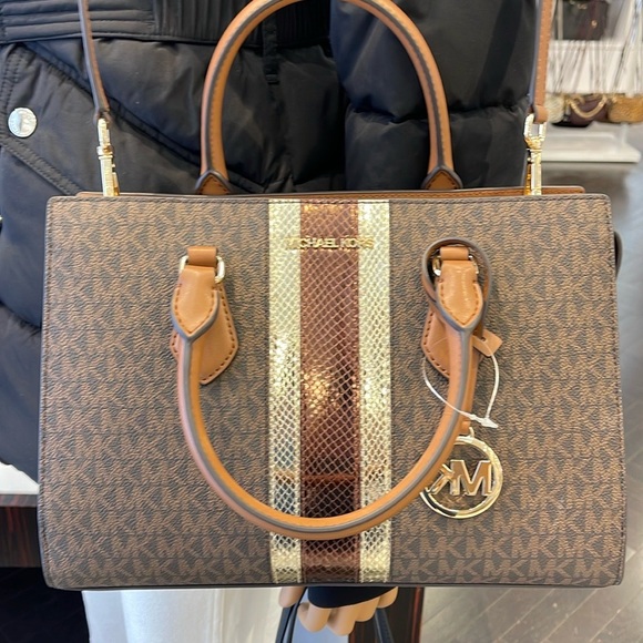 Michael Kors Sheila Medium Signature Logo and Metallic Satchel Crossbody Center - Picture 13 of 16